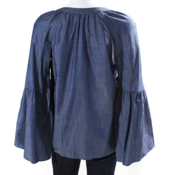 BCBGMaxazria Suzie Bell Sleeve Deep Chambray Top | Denim 80s 90s Inspired Blouse - Picture 3 of 6